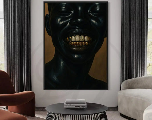 Digital wall art of a faceless woman showing gold grillz, luxury urban vibe.