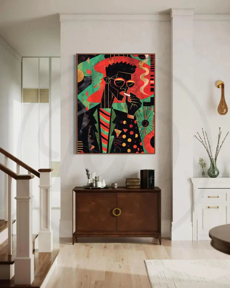 Vibrant abstract digital wall art featuring a Black man smoking