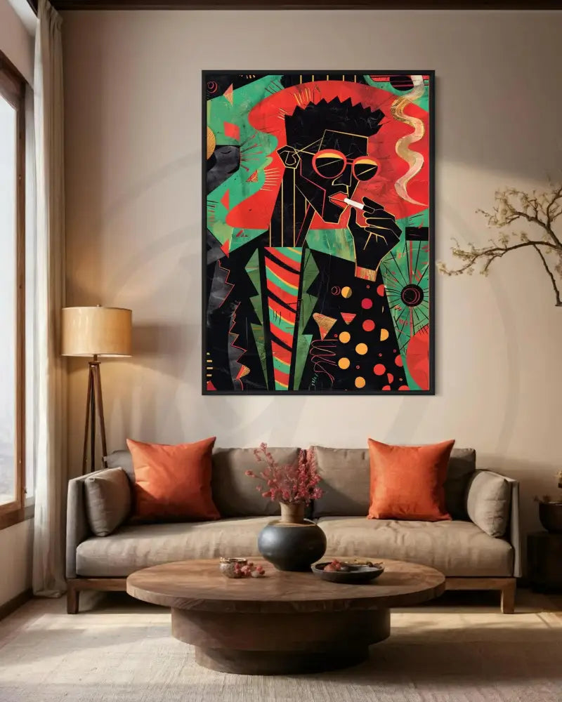 Afrocentric abstract art print with vivid red and green tones
