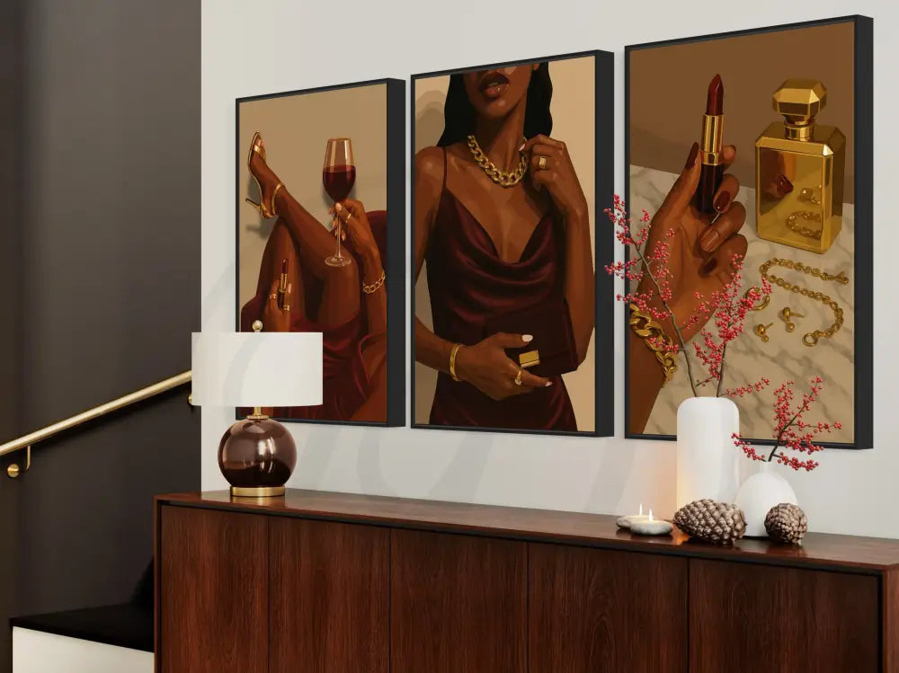 Elegant printable wall art of Black woman luxury in red and gold tones