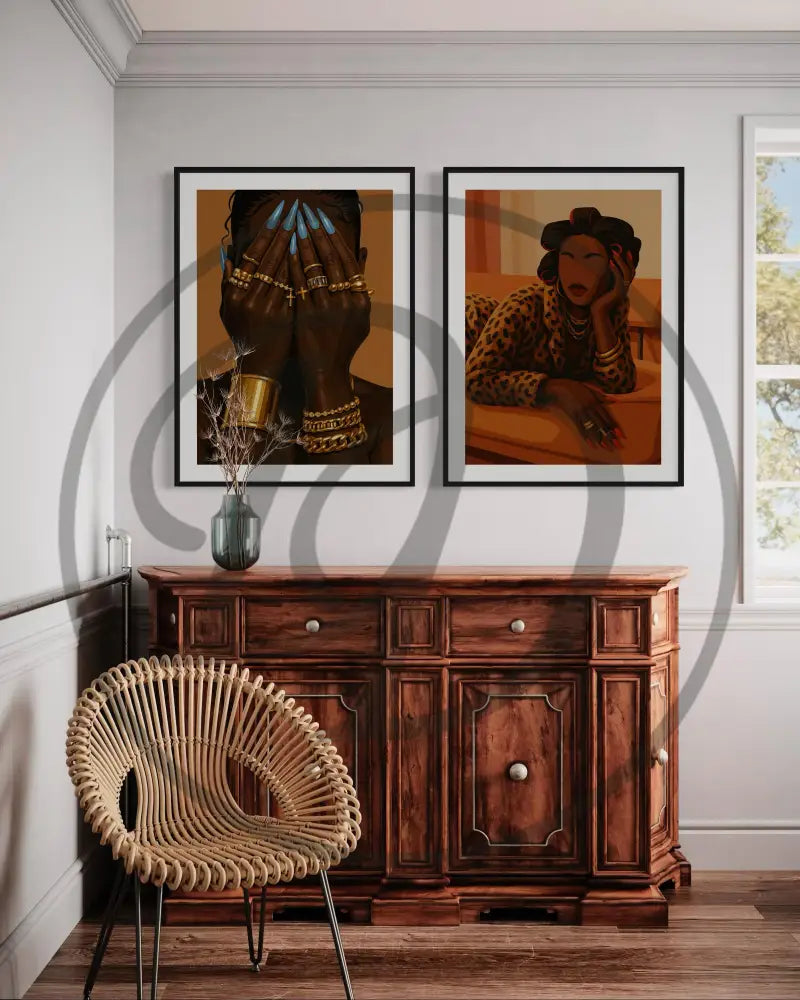 Printable Afrocentric wall art of faceless Black woman portrait with rich gold accents.