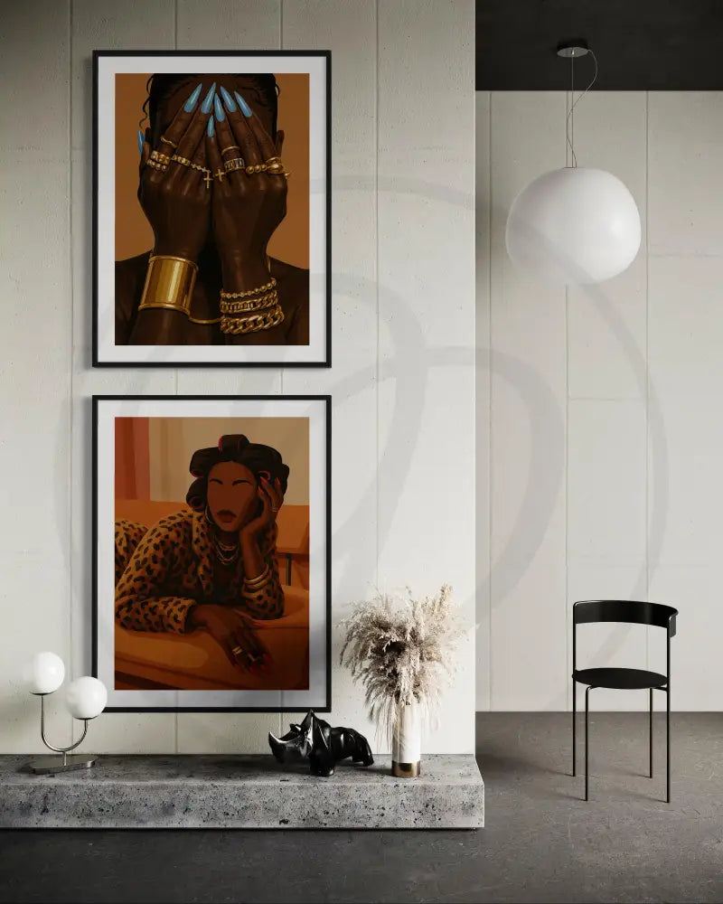 Digital art of Black woman lounging with red nails. Modern Afro luxe printable art for urban homes.