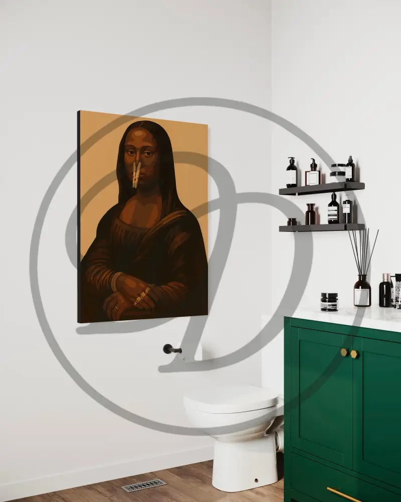 Humorous Afro Mona Lisa artwork with warm tones.