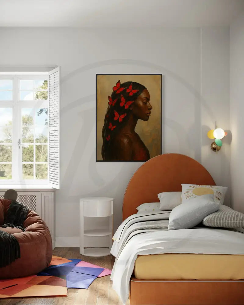 Black woman art print with serene expression and vivid butterfly accents.