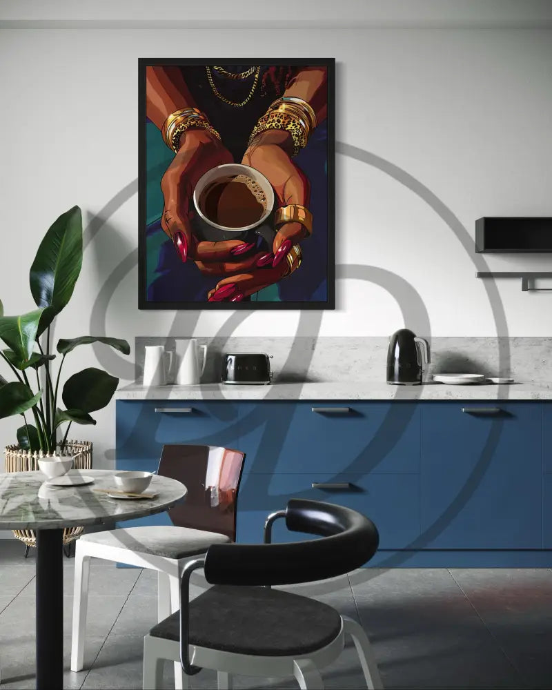 Minimalist Afrocentric hands digital art for kitchen or café décor.