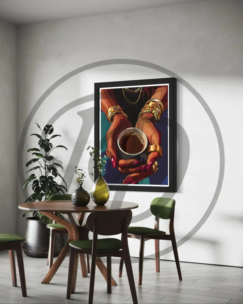 Afrocentric coffee moment digital art perfect for kitchens and coffee lovers.