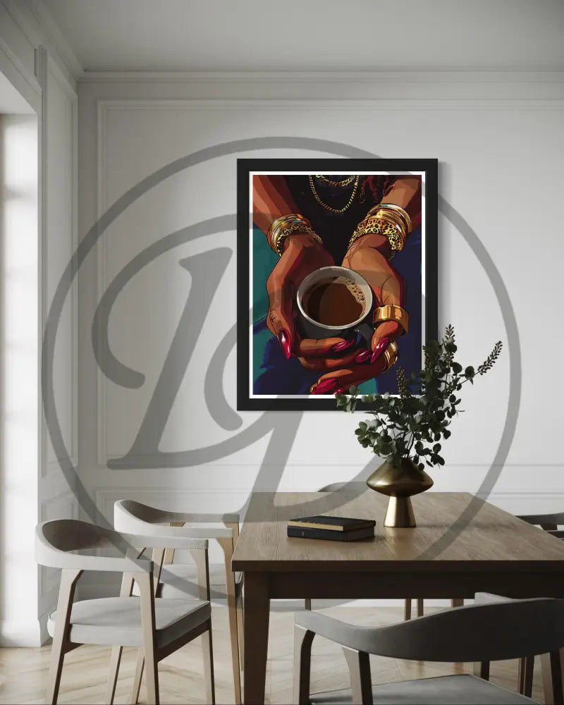 Black woman art print with detailed hands and cozy modern aesthetic.