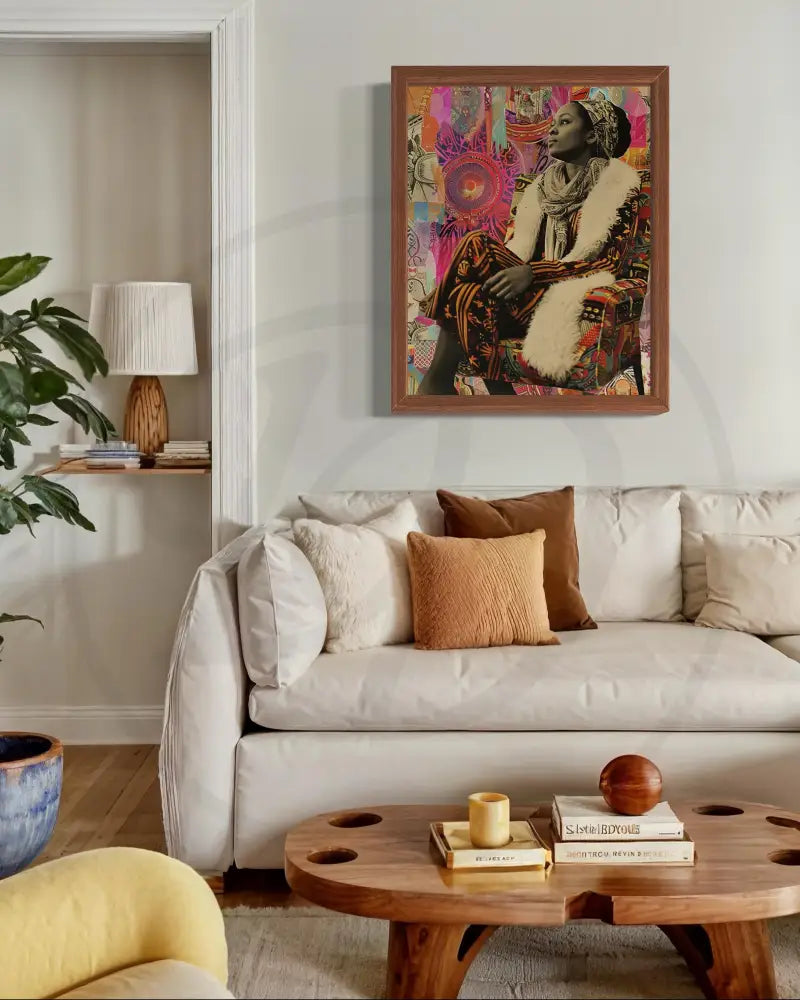 Black woman art print with cultural patterns and bold tones.