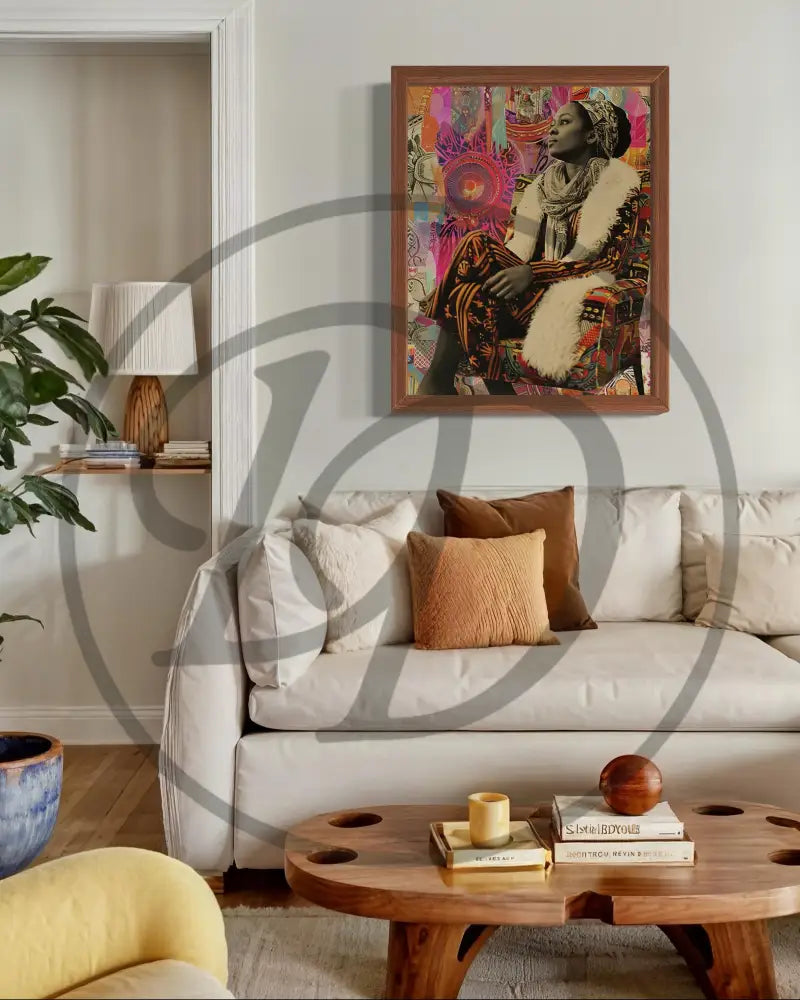 Black woman art print with cultural patterns and bold tones.