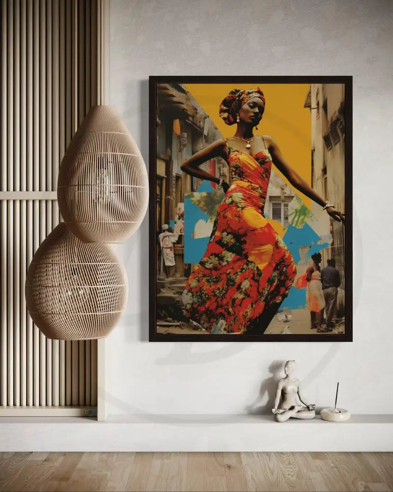 Printable collage-style portrait of woman with cultural fashion.