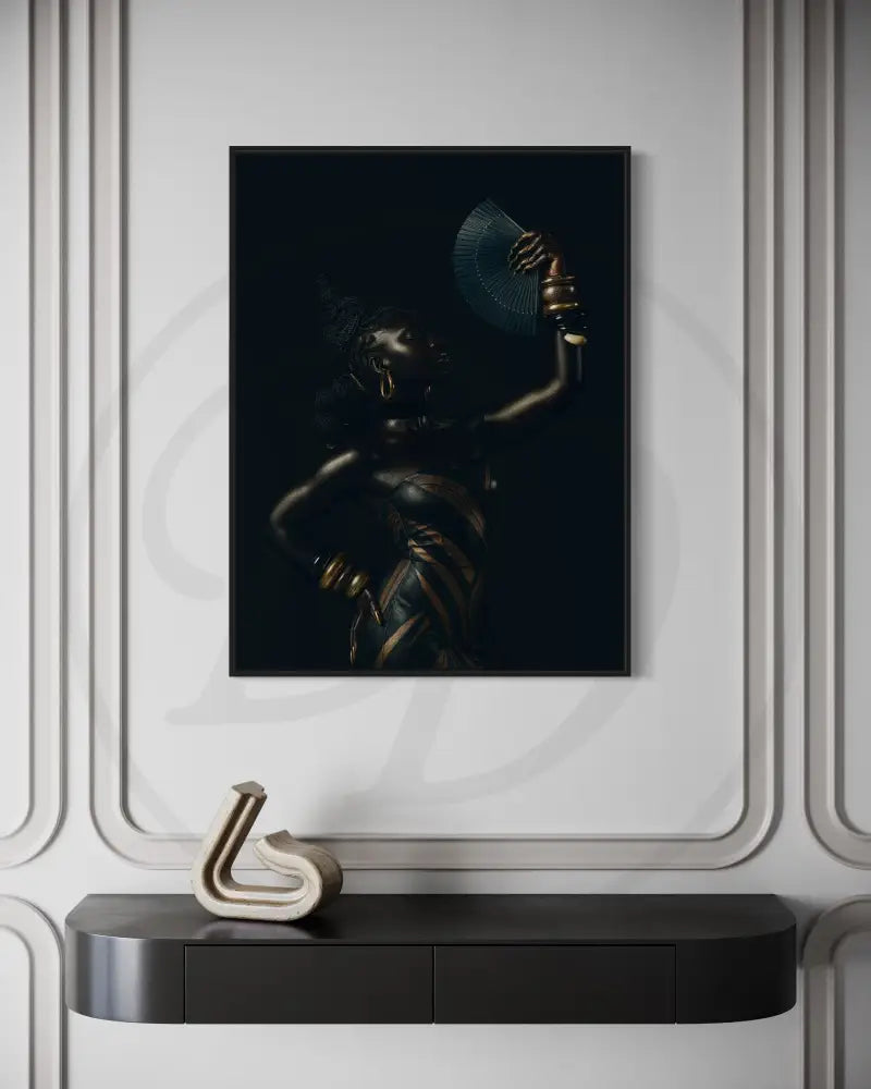 Black woman digital artwork download in elegant fan pose, styled with hoop earrings and metallic bracelets.