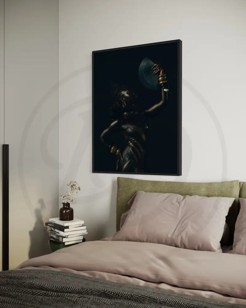 Printable Afrocentric portrait featuring a poised woman in gold accents and bold jewelry raising a fan dramatically.