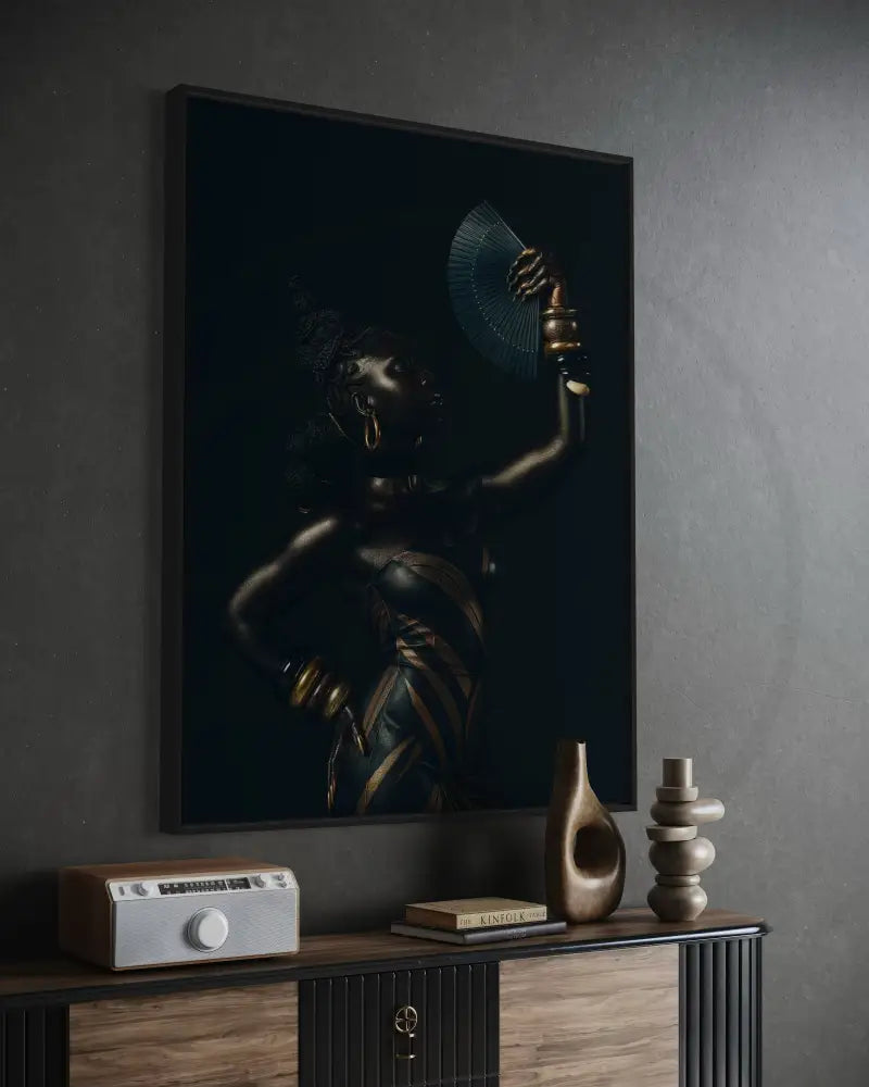 Afrocentric minimalist art print of a regal woman holding a folded fan, dressed in patterned attire with gold details.