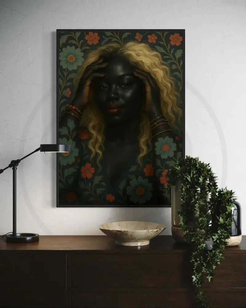 Afrocentric fashion portrait digital art featuring Black woman against matching floral backdrop. Printable modern ethnic wall décor.