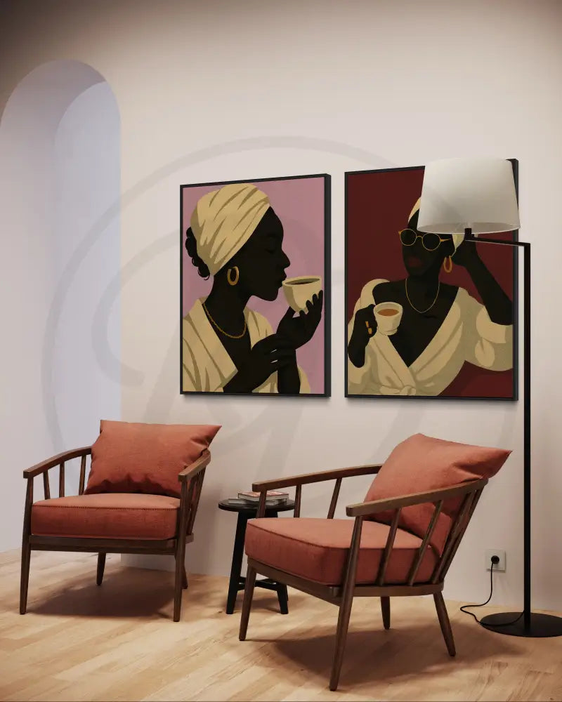 Printable Afrocentric wall art of Black woman in headwrap sipping coffee. Elegant modern digital art for cultural home décor.