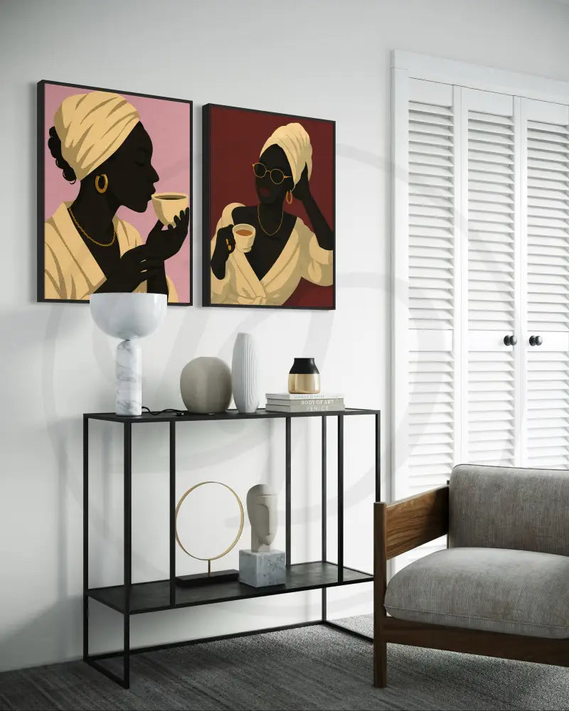 Afrocentric Digital Download Wall Art | Black Woman Pink Coffee Portrait