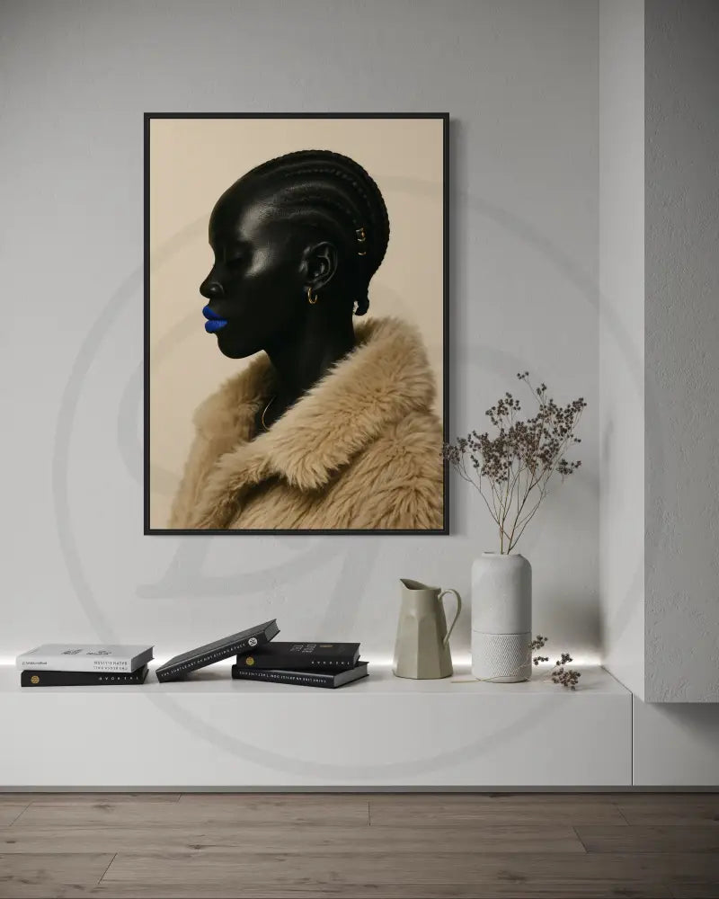 High-resolution digital profile portrait of Afrocentric Black woman in fur coat with bold blue lips. Modern African art print for gallery walls.