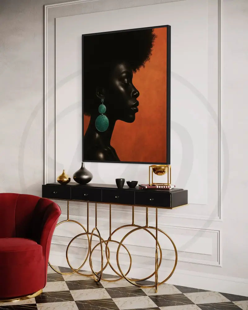High-resolution digital profile portrait of Afrocentric Black woman with statement jewelry. Modern African art print for gallery walls.