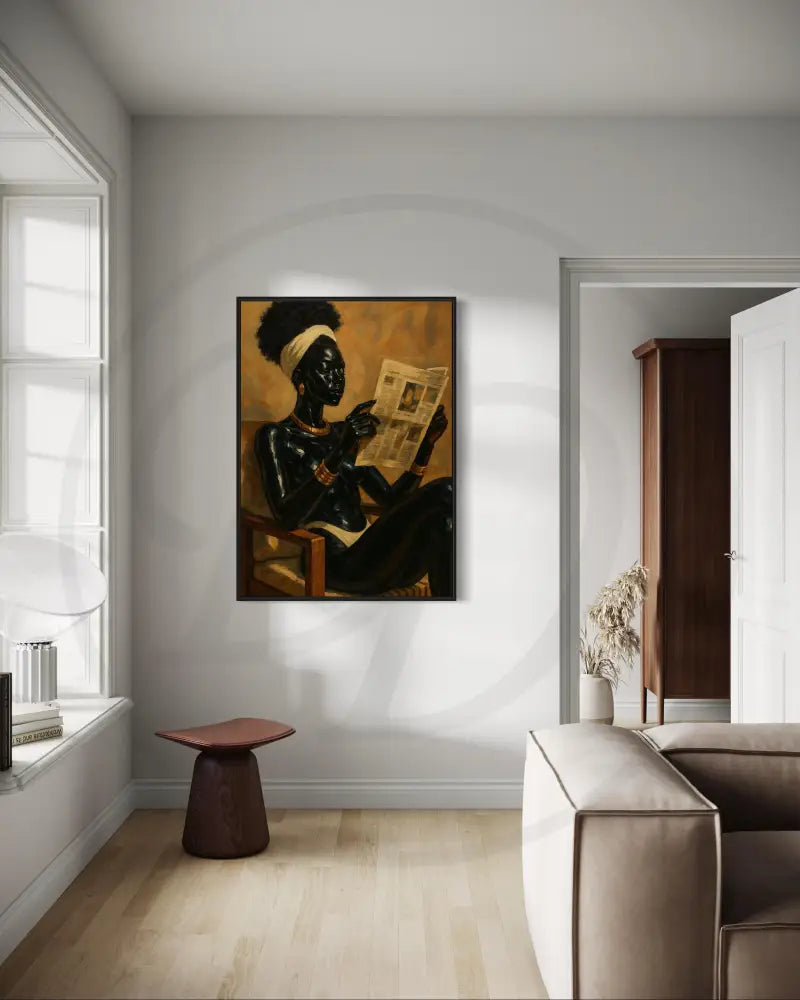 Digital download art of an elegant Black woman in a chair with jewelry.