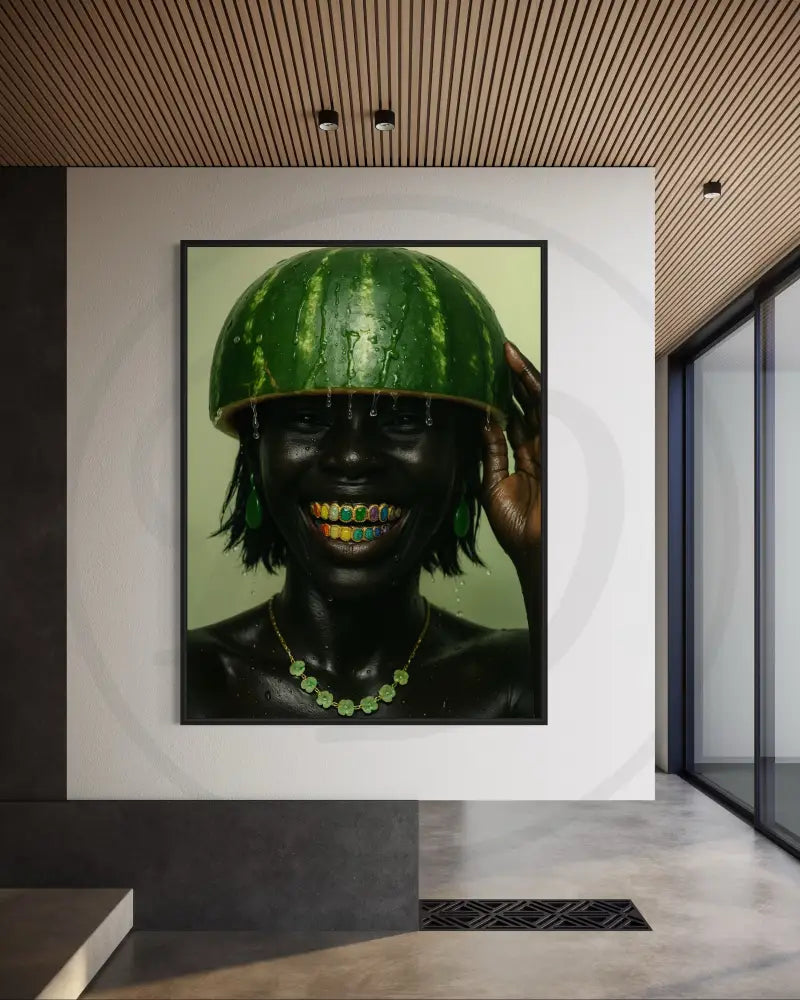 Afrocentric portrait digital wall art of Black woman with watermelon crown and rainbow grillz. Printable cultural artwork for modern décor.