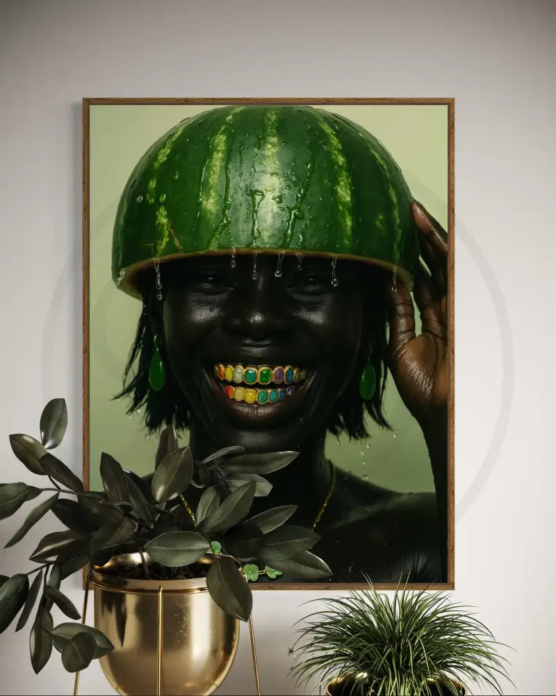 Vibrant Afrocentric digital art featuring watermelon crown and rainbow grillz. Printable portrait for cultural interiors.