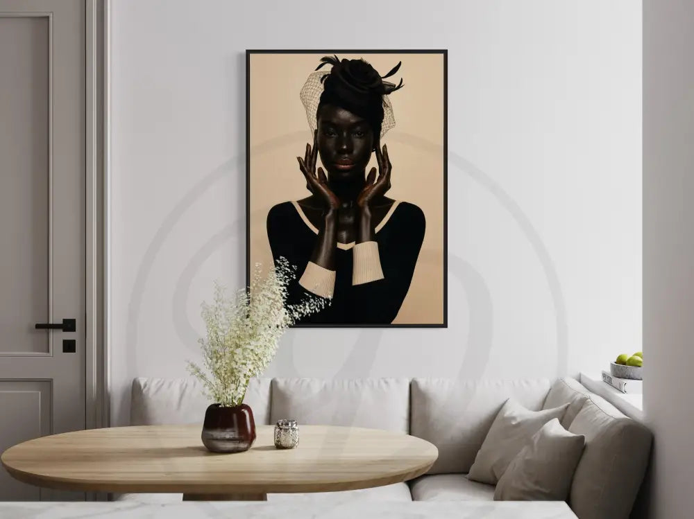 Afrocentric fashion portrait digital art featuring Black woman with rose headpiece and netted veil. Printable modern ethnic wall décor.