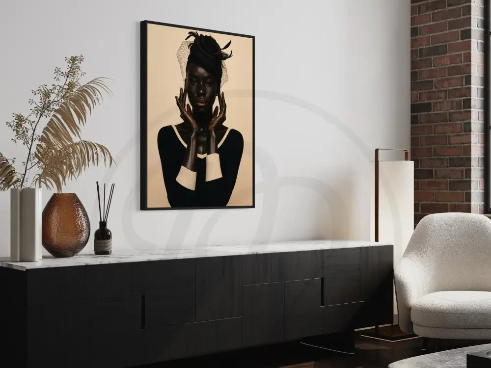 Digital download wall art of poised Black woman in black dress with cream accents and floral headpiece. Afrocentric printable décor for living rooms.