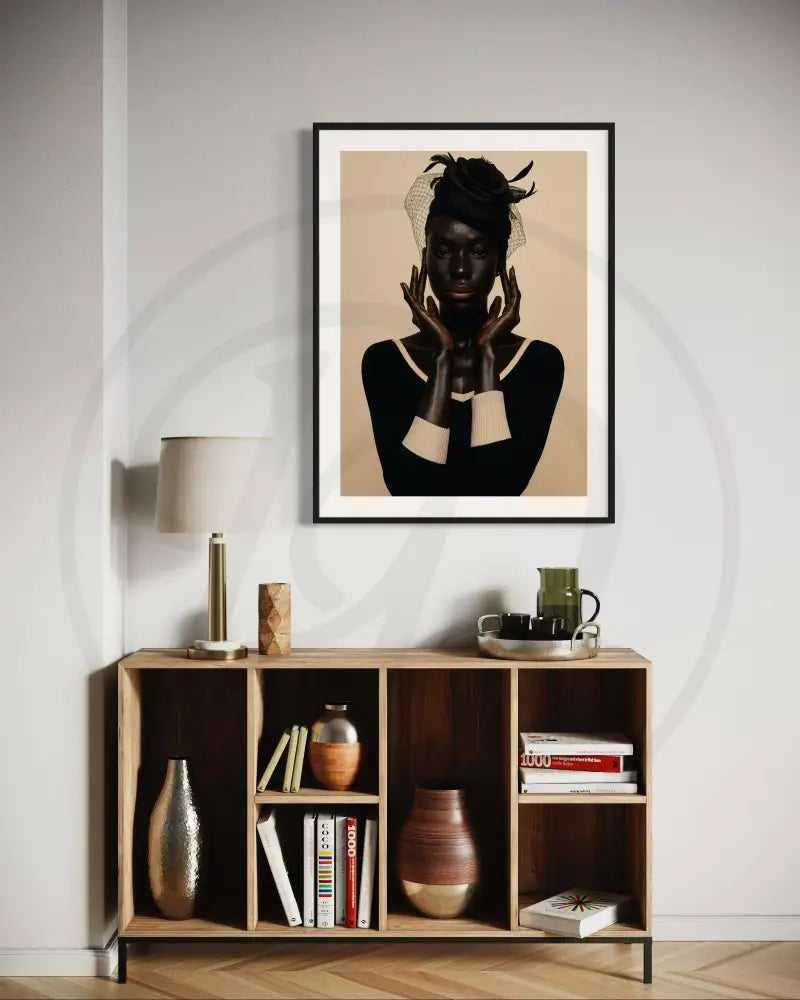 Printable Afrocentric wall art of regal Black woman wearing black dress and headpiece. Elegant modern digital art for cultural home décor.