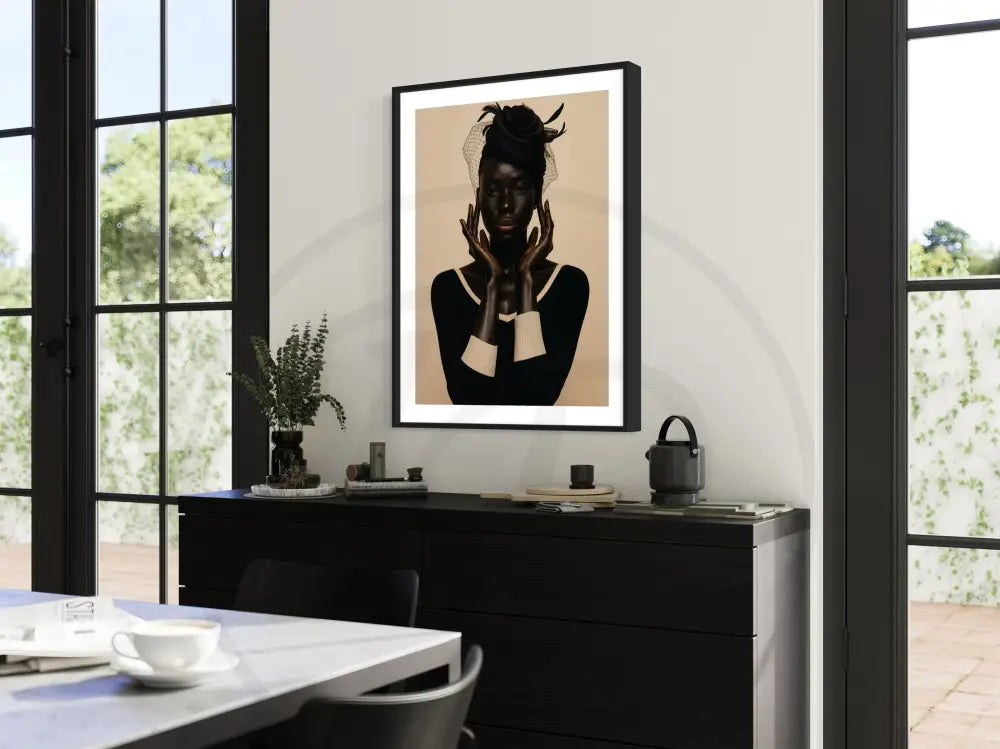 Contemporary African American portrait wall art of stylish Black woman with floral fascinator. Instant download printable art for home or office.