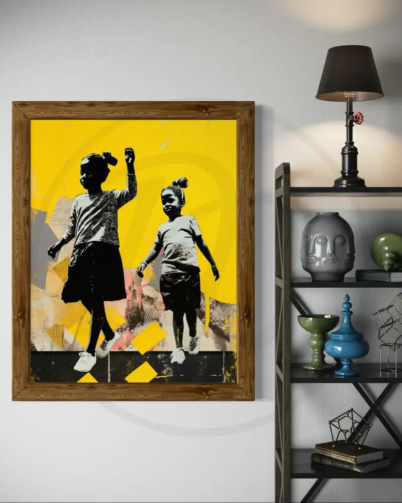 High-resolution printable art of kids dancing on yellow abstract patterns.