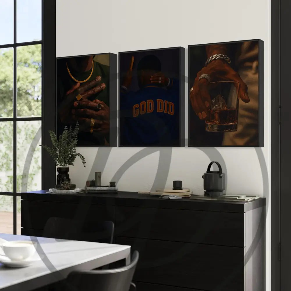 Printable Afrocentric art set of Black men lifestyle with whiskey and gold rings.