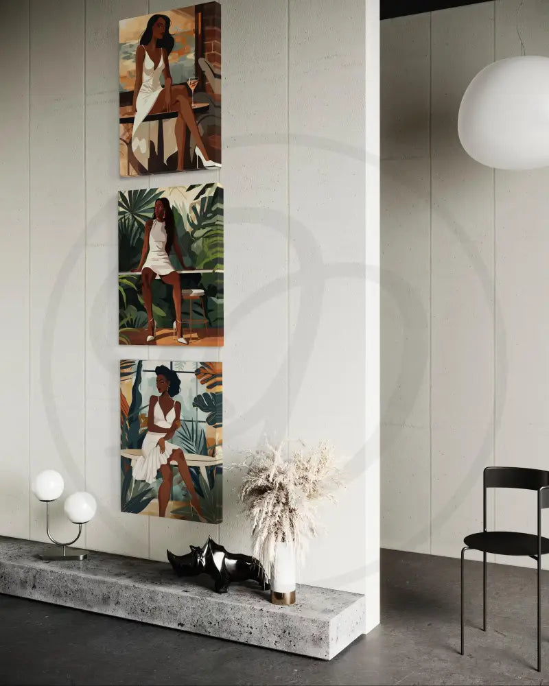 Black culture-inspired wall art triptych with urban chic and lush greenery.