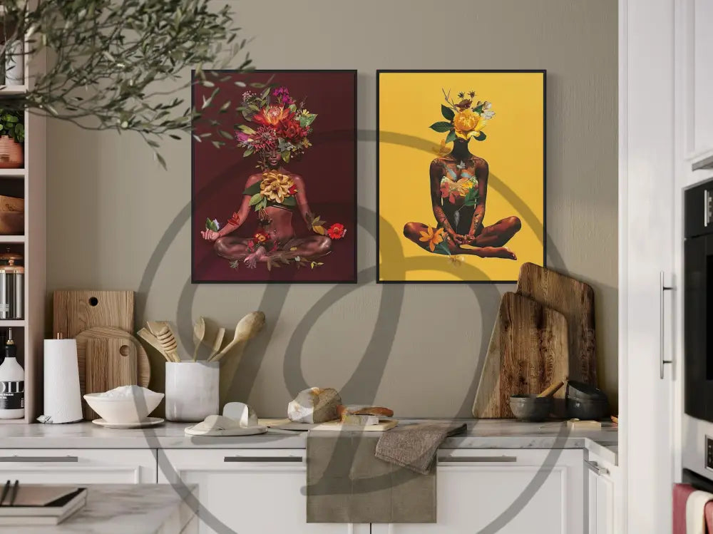 Two-piece digital art set of floral Black woman portraits in rich tones.