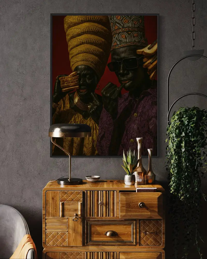 Regal Afrocentric digital art with bold satire.