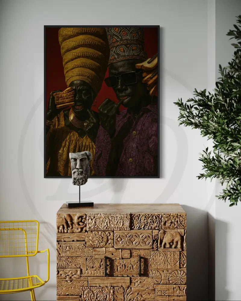Afrocentric modern art with bread phone humorous concept.