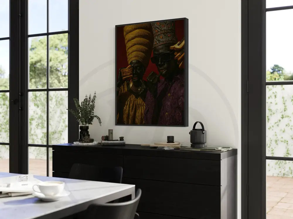 Cultural wall art featuring Black couple in regal headpieces.