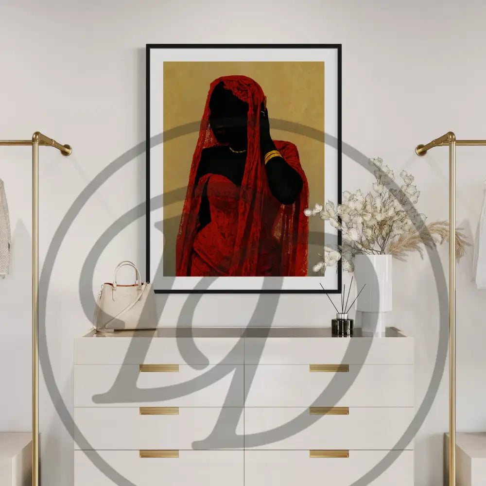 Afrocentric digital wall art of a faceless Black woman draped in red fabric. Printable African American art for modern and urban wall décor.