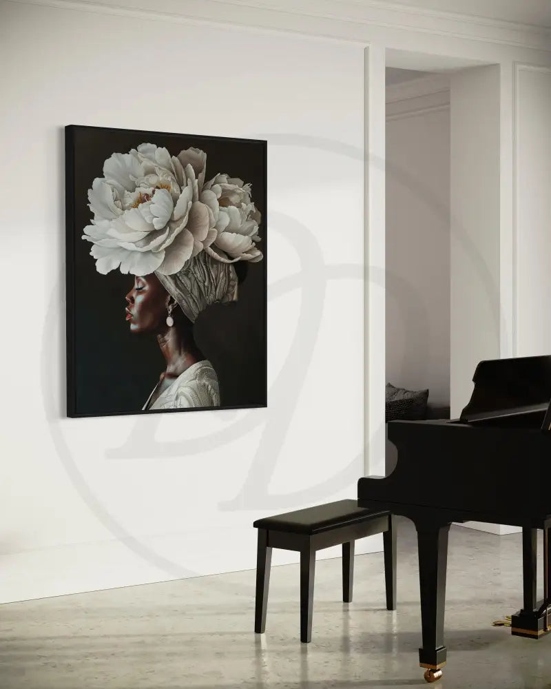 Printable floral crown portrait celebrating Black beauty and elegance.