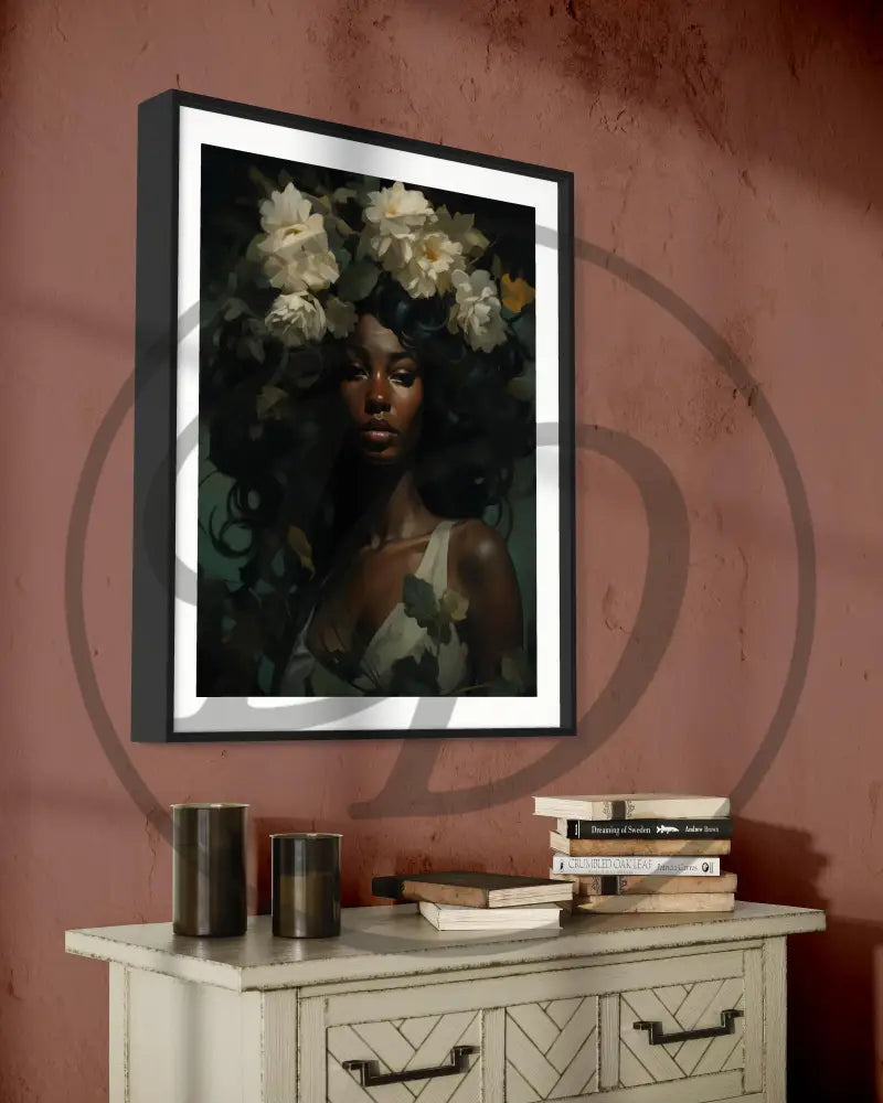 Afrocentric floral goddess portrait digital art perfect for bedrooms and living rooms.