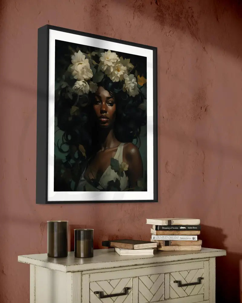 Afrocentric floral goddess portrait digital art perfect for bedrooms and living rooms.