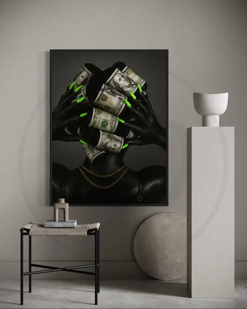 Afrocentric art with deep black skin, dollar bills, and neon nails.