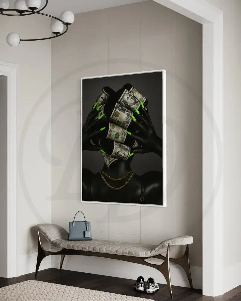 Afrocentric portrait featuring dollar bills styled as hair rollers.