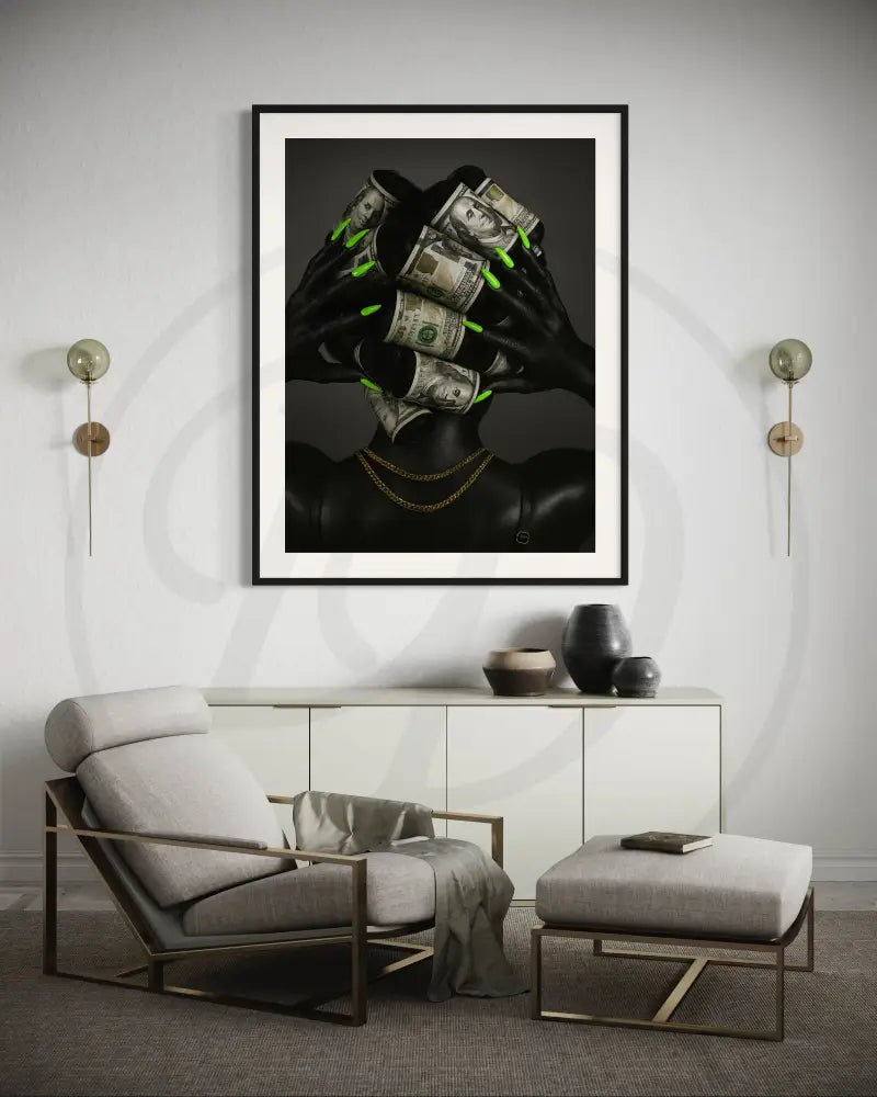Afrocentric digital wall art with neon green nails and gold chains.
