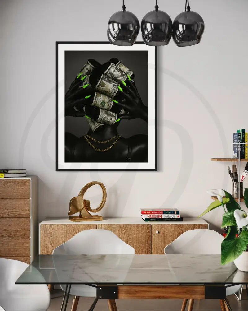 Afrocentric statement art featuring wealth-inspired hair design.