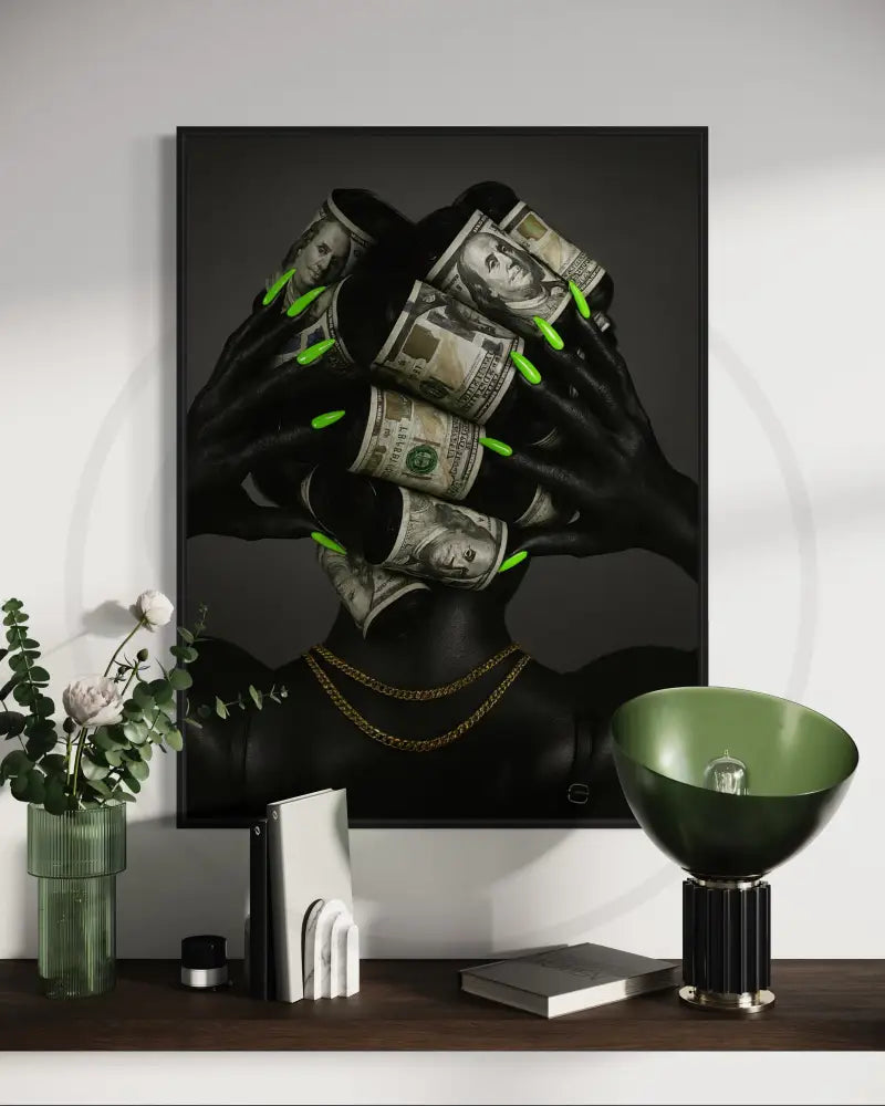 Afrocentric luxury wall art with dollar bill hair and neon nails.
