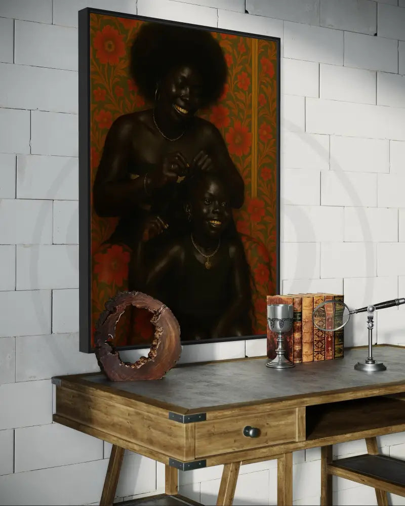 Dark-skinned mother and daughter smiling in soulful art piece
