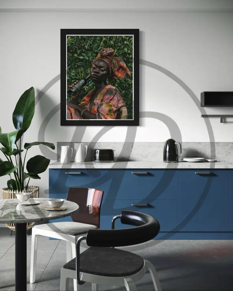 Black woman portrait print surrounded by lush greenery and rich tones.