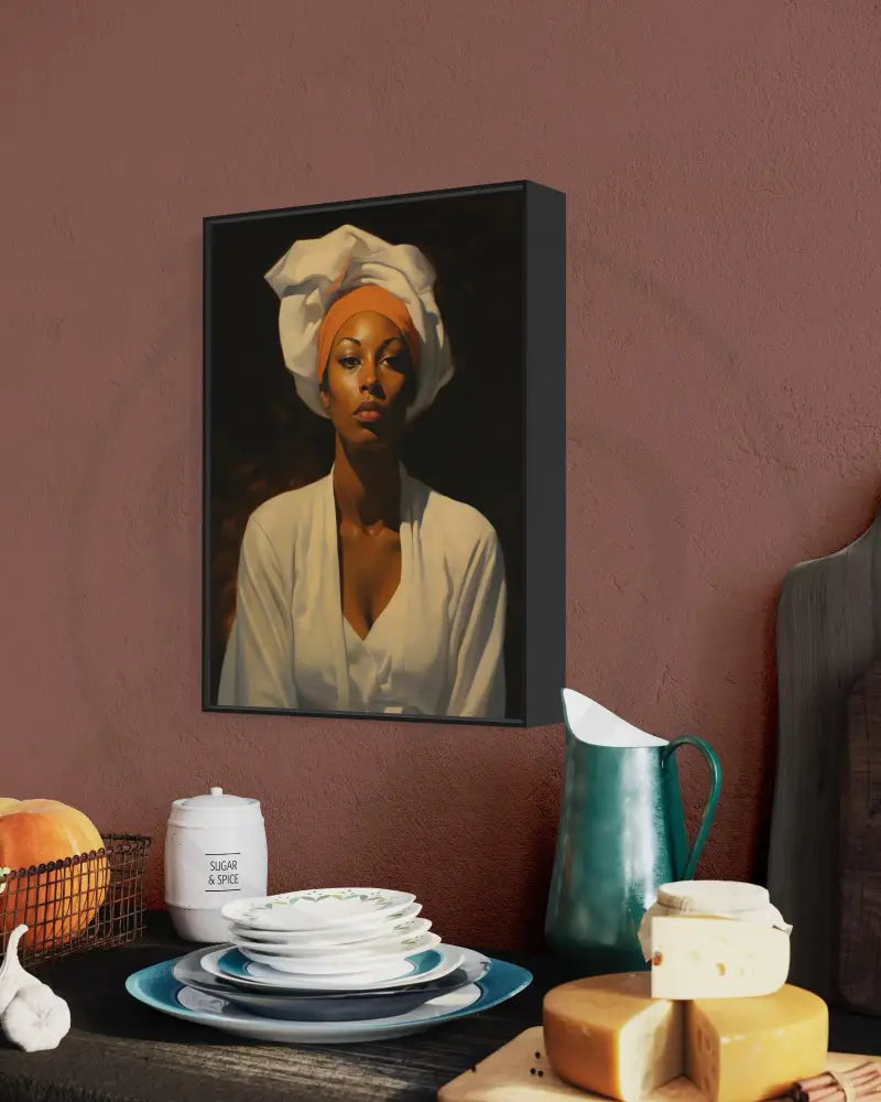 Black woman cultural portrait with headwrap and robe.