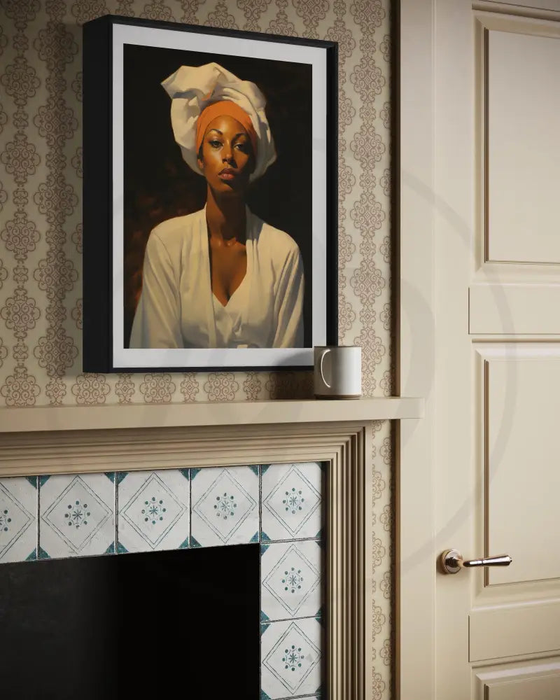 Elegant Afrocentric digital print with white headwrap.