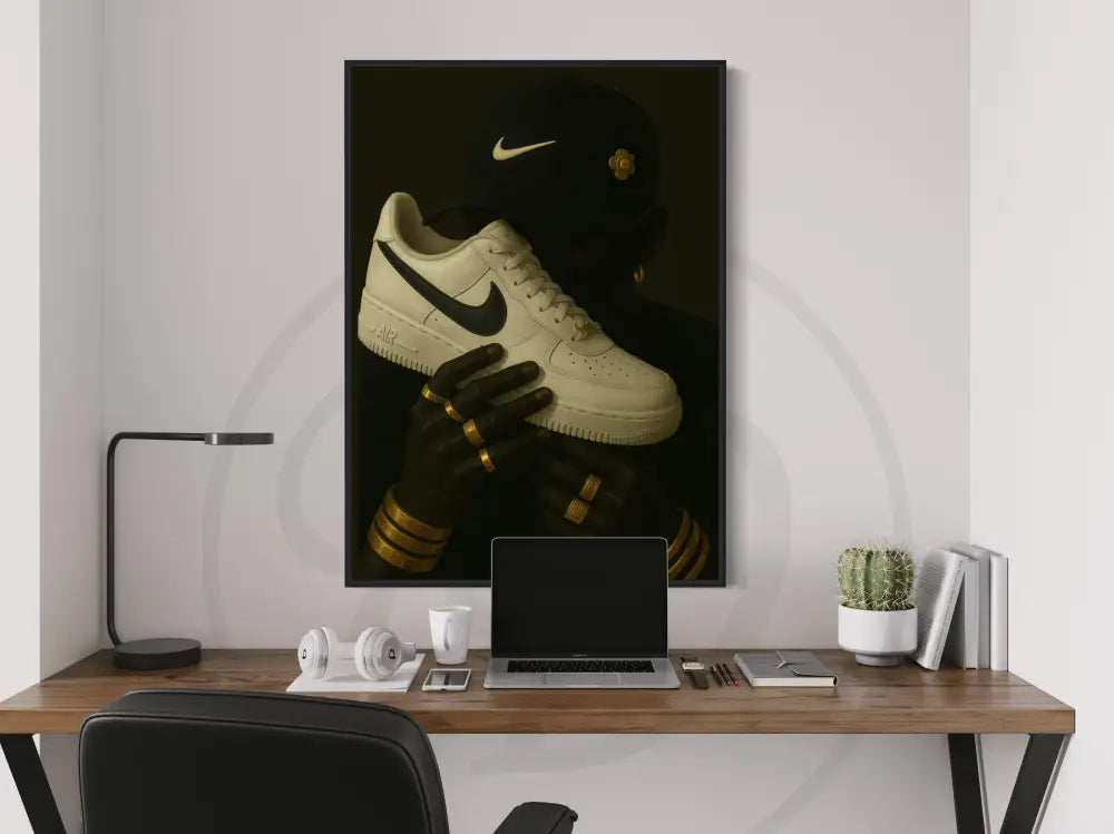 Afrocentric sneaker wall art featuring Nike Air Force 1 and gold jewelry.